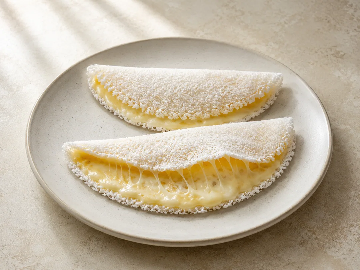 Crepas brasileñas de tapioca dobladas y rellenas de queso fundido