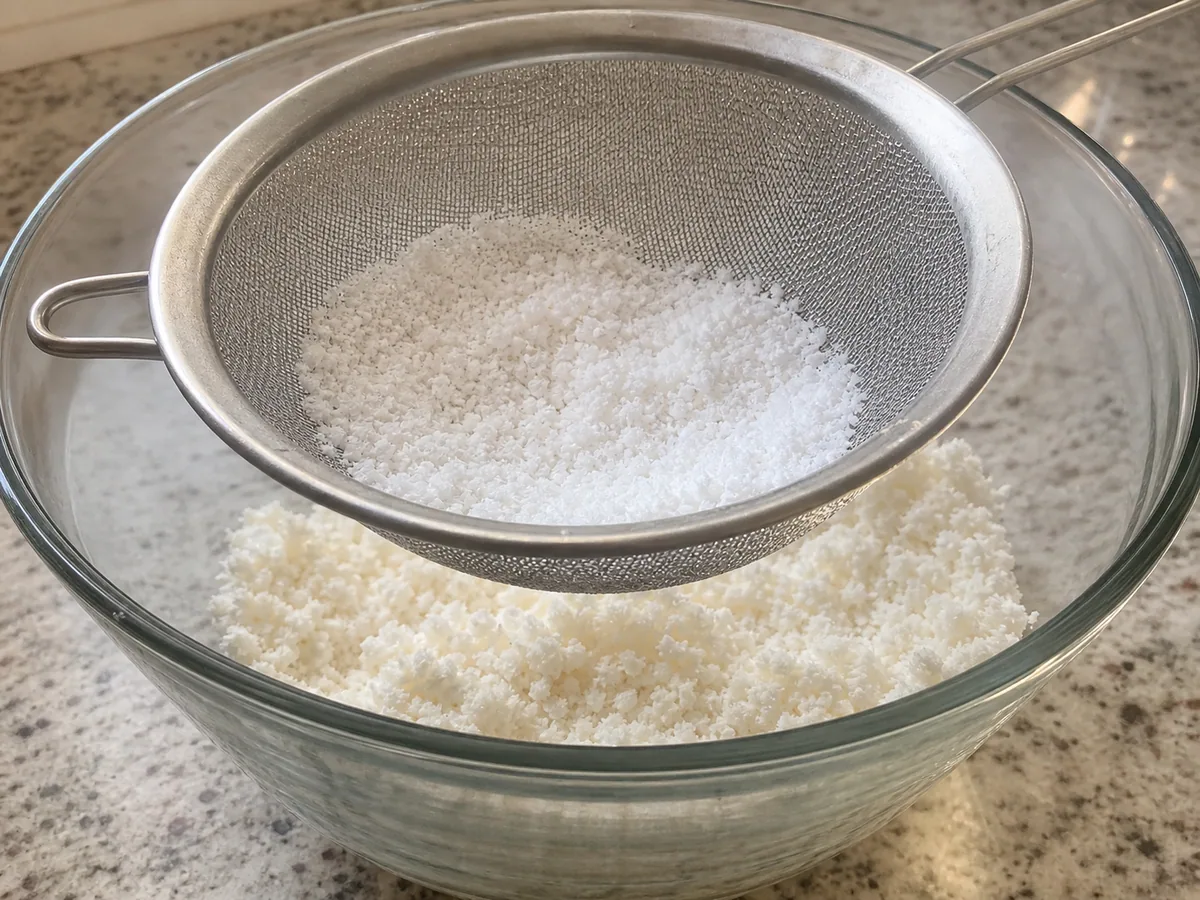 Gránulos finos y sueltos de tapioca hidratada después de tamizarla en un tazón limpio