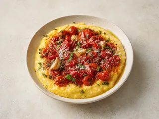 Creamy breakfast polenta topped with roasted cherry tomatoes and basil