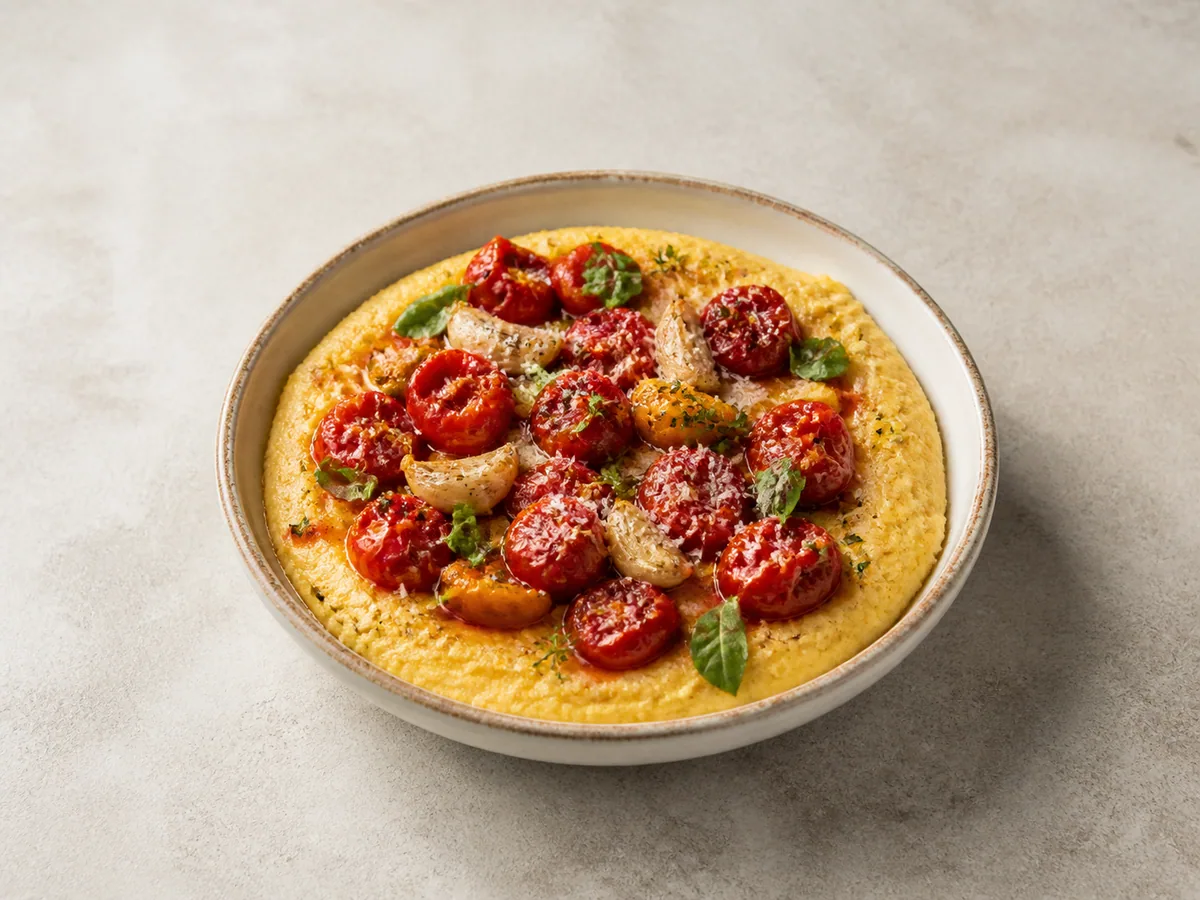 Creamy breakfast polenta topped with roasted cherry tomatoes and basil