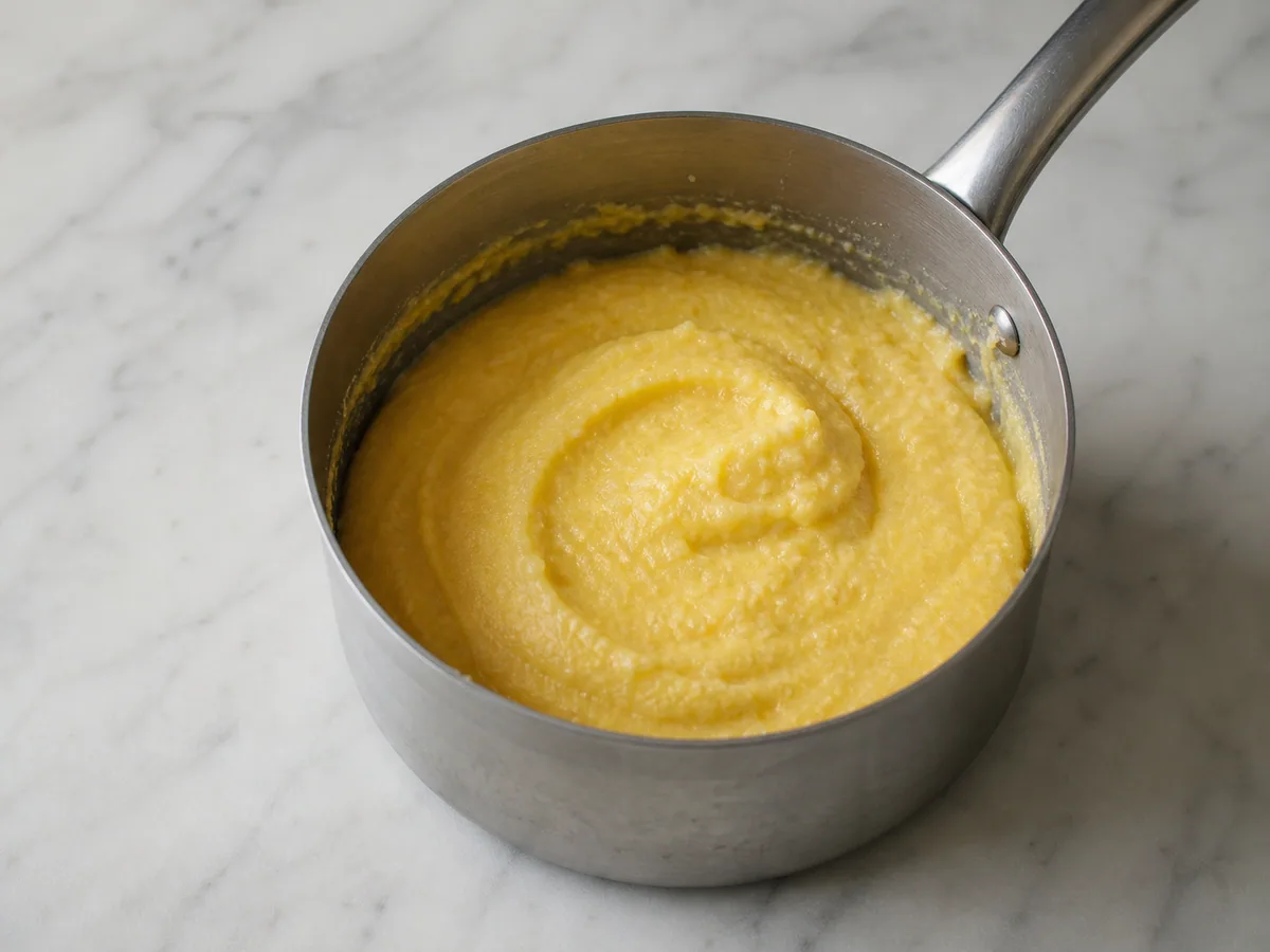 Polenta macia formando um montinho que se espalha devagar depois de cair da colher