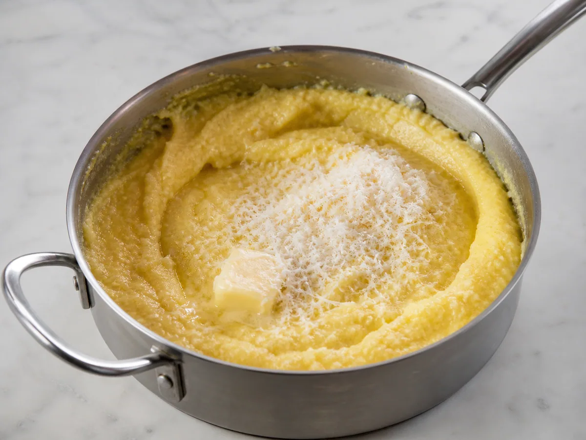 Polenta brilhante finalizada com manteiga e Parmigiano Reggiano em uma panela de fundo grosso