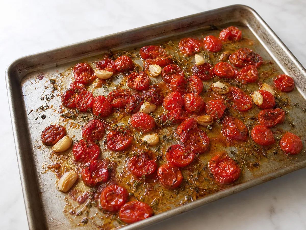 Tomates-cereja assados e bem concentrados, com bordas douradas e sucos espessos na assadeira