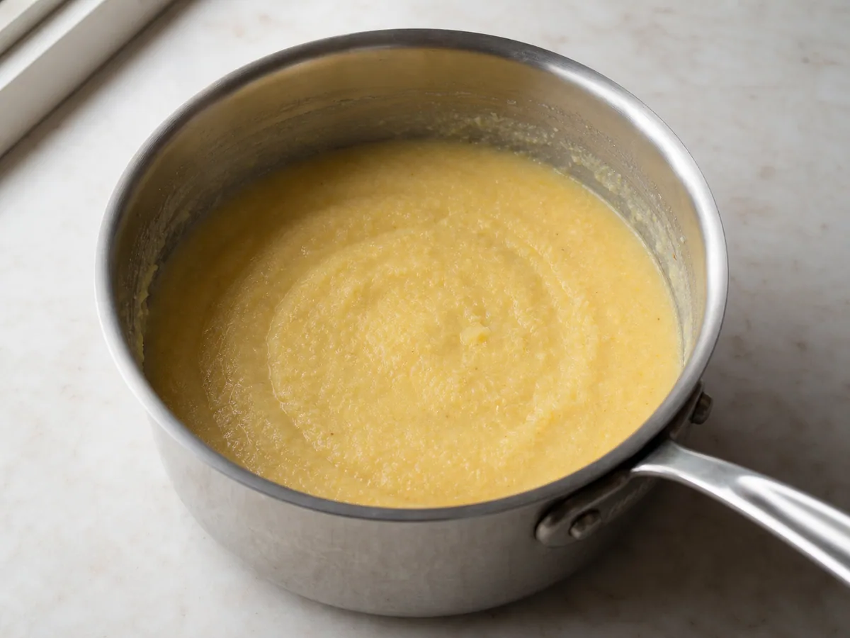 Polenta recém-incorporada ao leite e à água em fervura branda, lisa e sem grumos