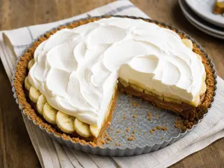 Pastel banoffee británico con toffee, plátano, crema batida y chocolate amargo