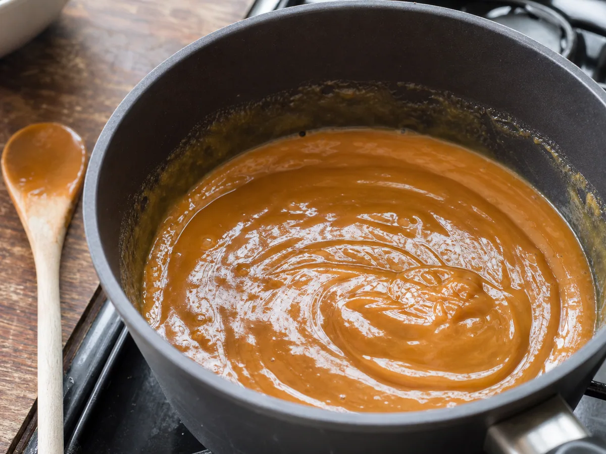 Toffee banoffee espesso e brilhante borbulhando em uma panela