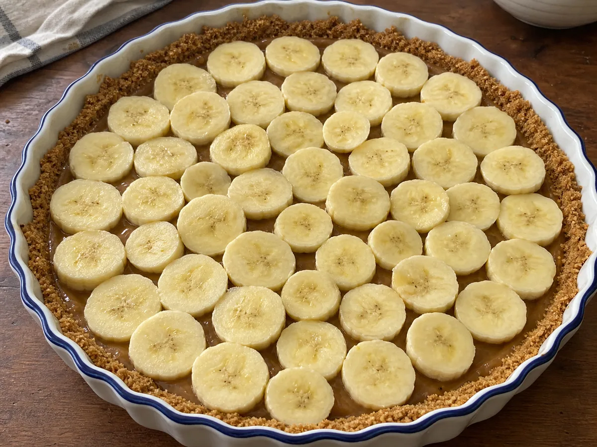Rodelas de banana madura dispostas uniformemente sobre o toffee banoffee