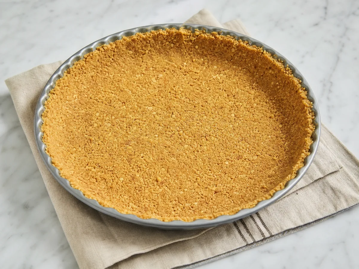 Base crua de biscoitos digestivos pressionada uniformemente em uma forma de torta