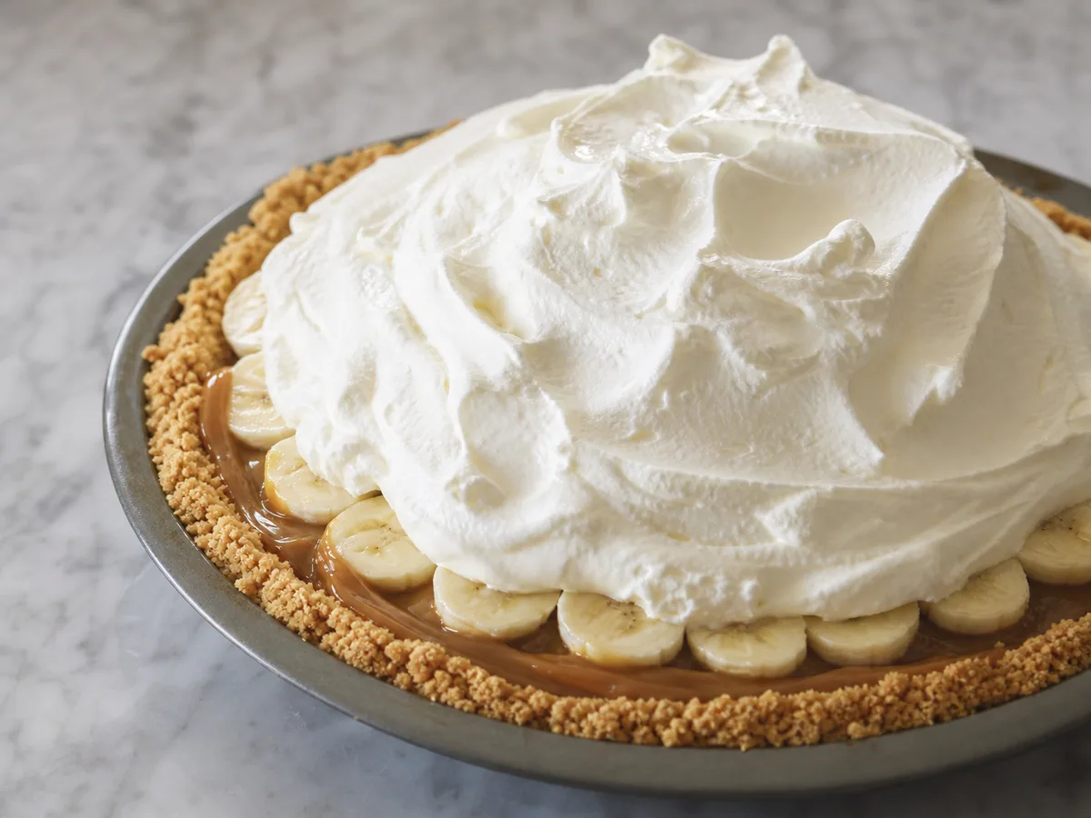 Creme de leite fresco gelado batido em picos macios para a torta banoffee britânica