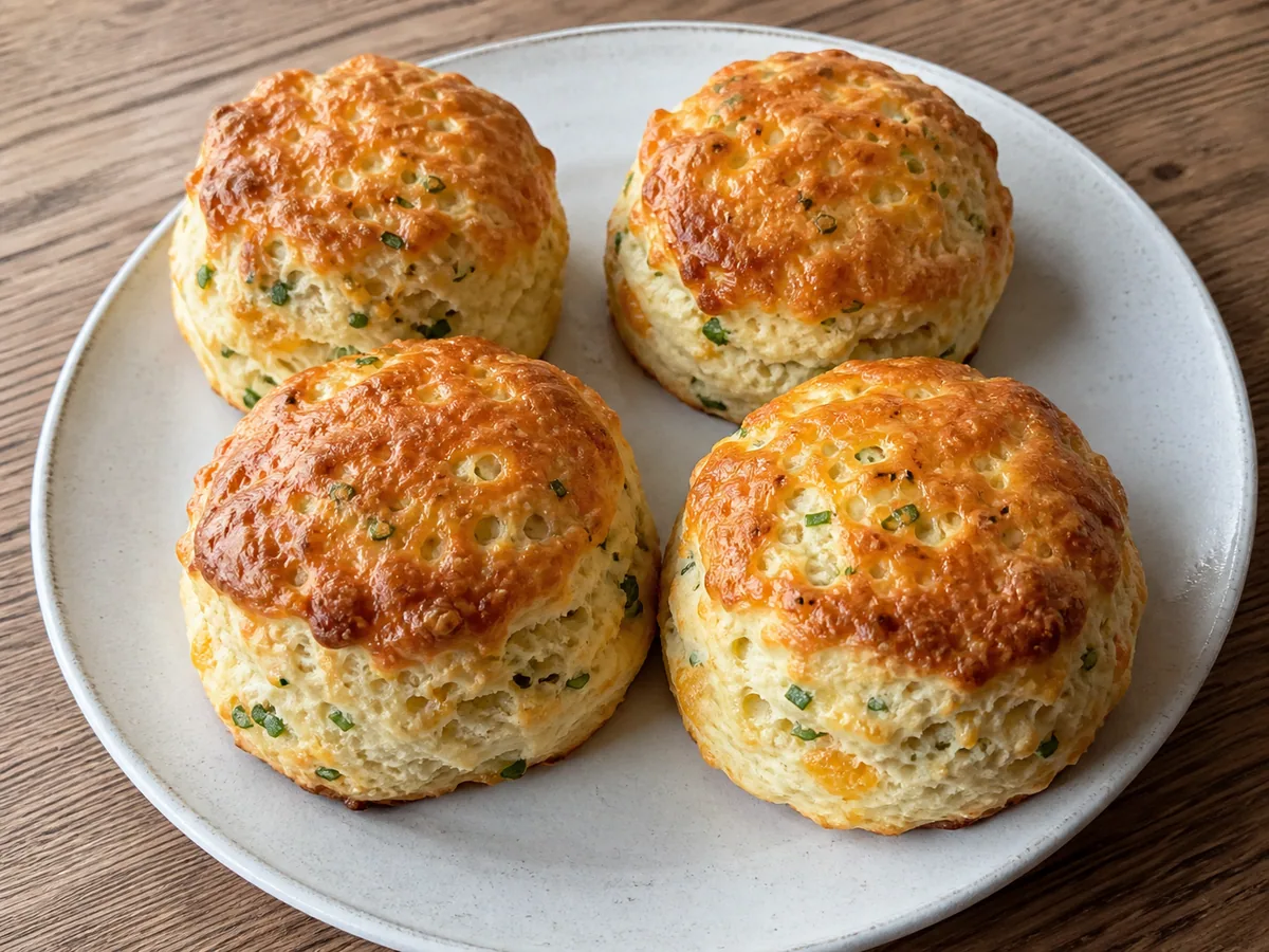 Round British Cheddar Chive Scones with golden tops and visible chive flecks