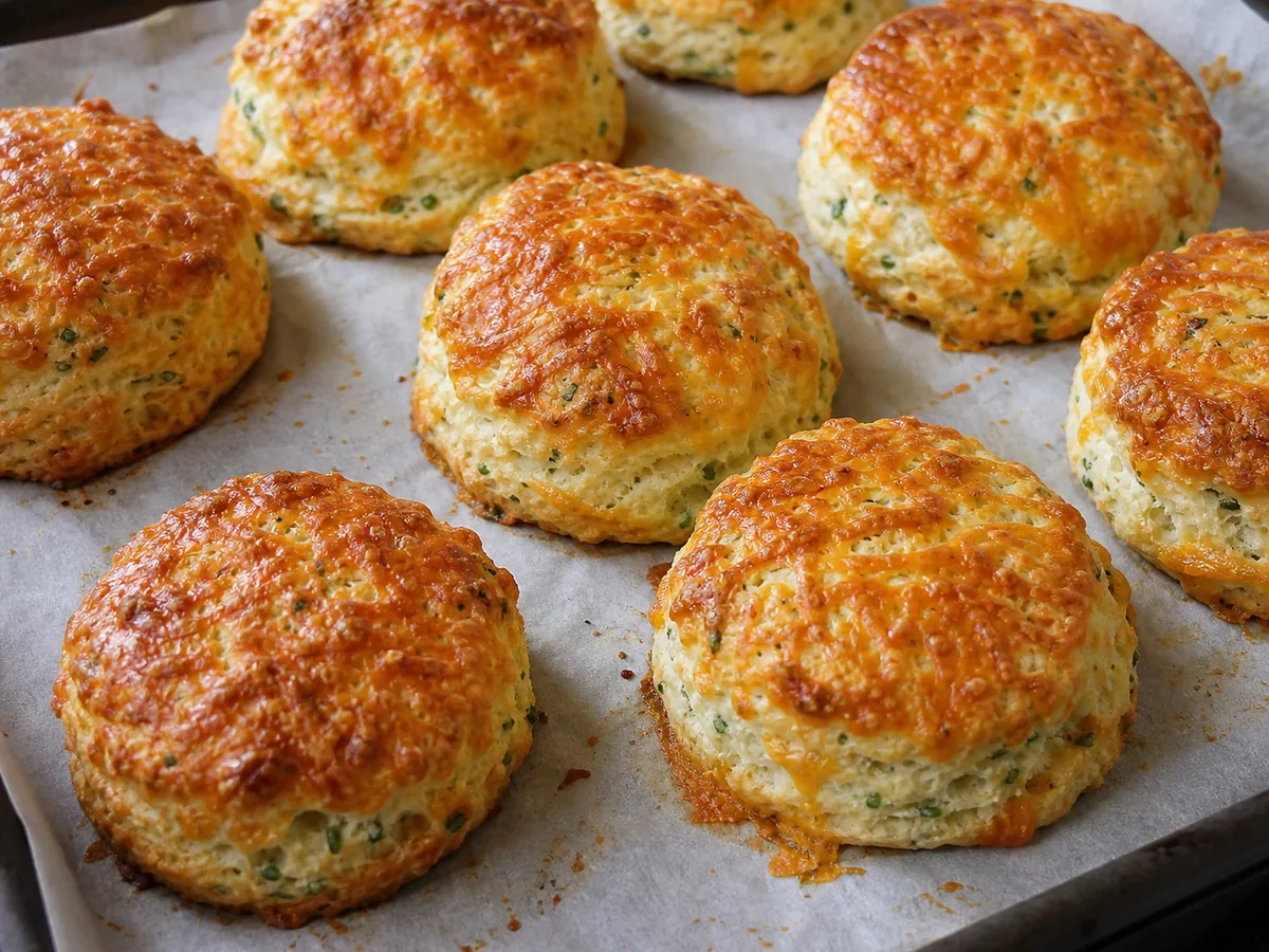 Fully baked British Cheddar Chive Scones, golden and risen on a lined baking tray