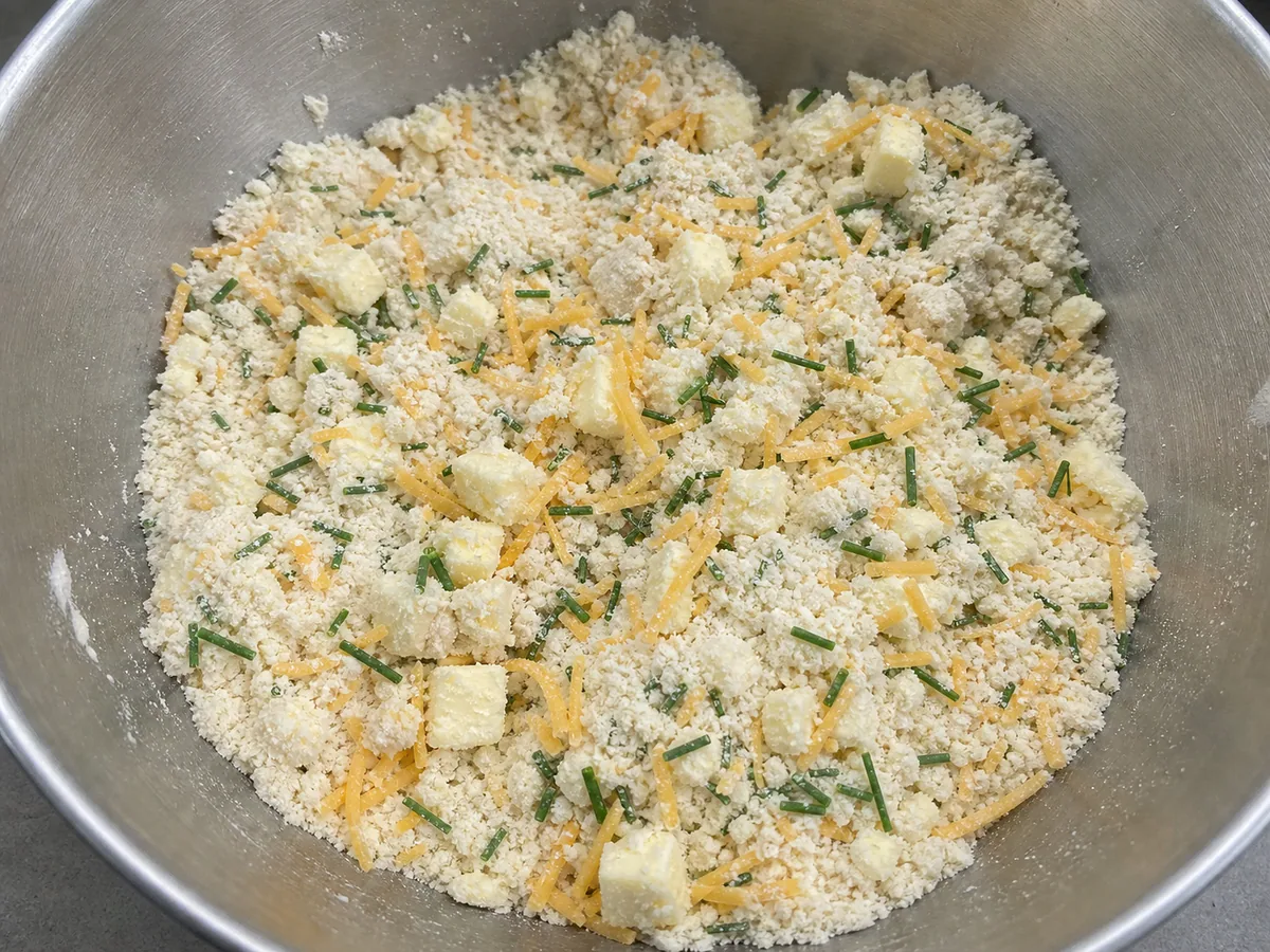 Coarse flour and butter mixture with grated Cheddar and fresh chives in a mixing bowl