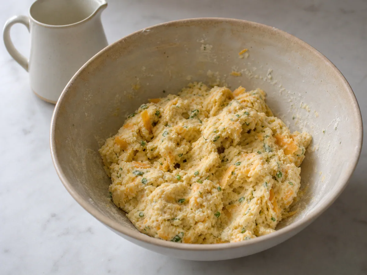 Rough soft Cheddar and chive scone dough just mixed in a bowl