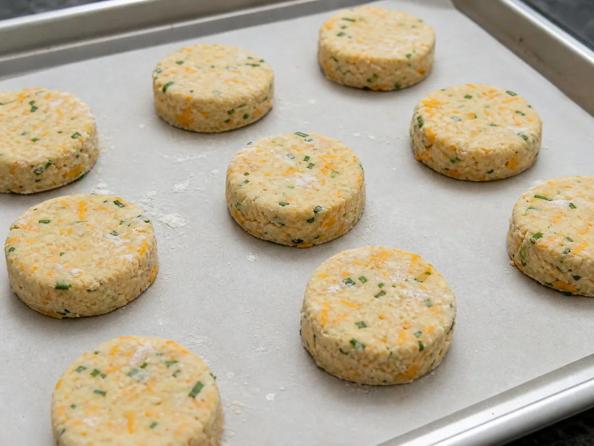 Thick round Cheddar chive scones cut from lightly floured dough before baking