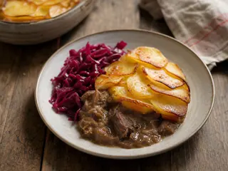 Estofado de cordero de Lancashire servido con papas rebanadas doradas y col morada encurtida