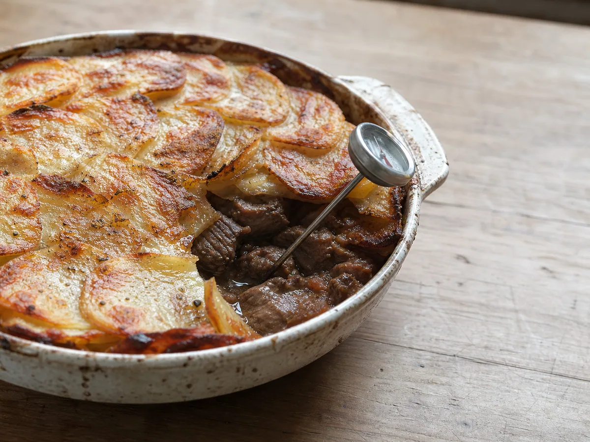 Golden potato lid on a fully cooked Lancashire lamb hotpot in its casserole