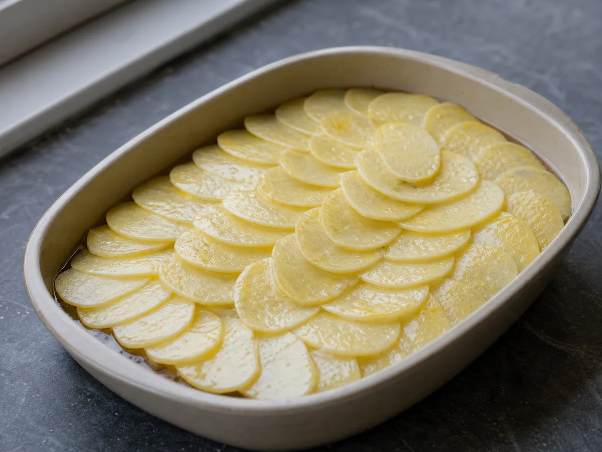 Overlapping buttered potato slices forming the lid on a Lancashire lamb hotpot