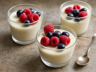 Posset británico de limón cubierto con fresas, frambuesas y arándanos