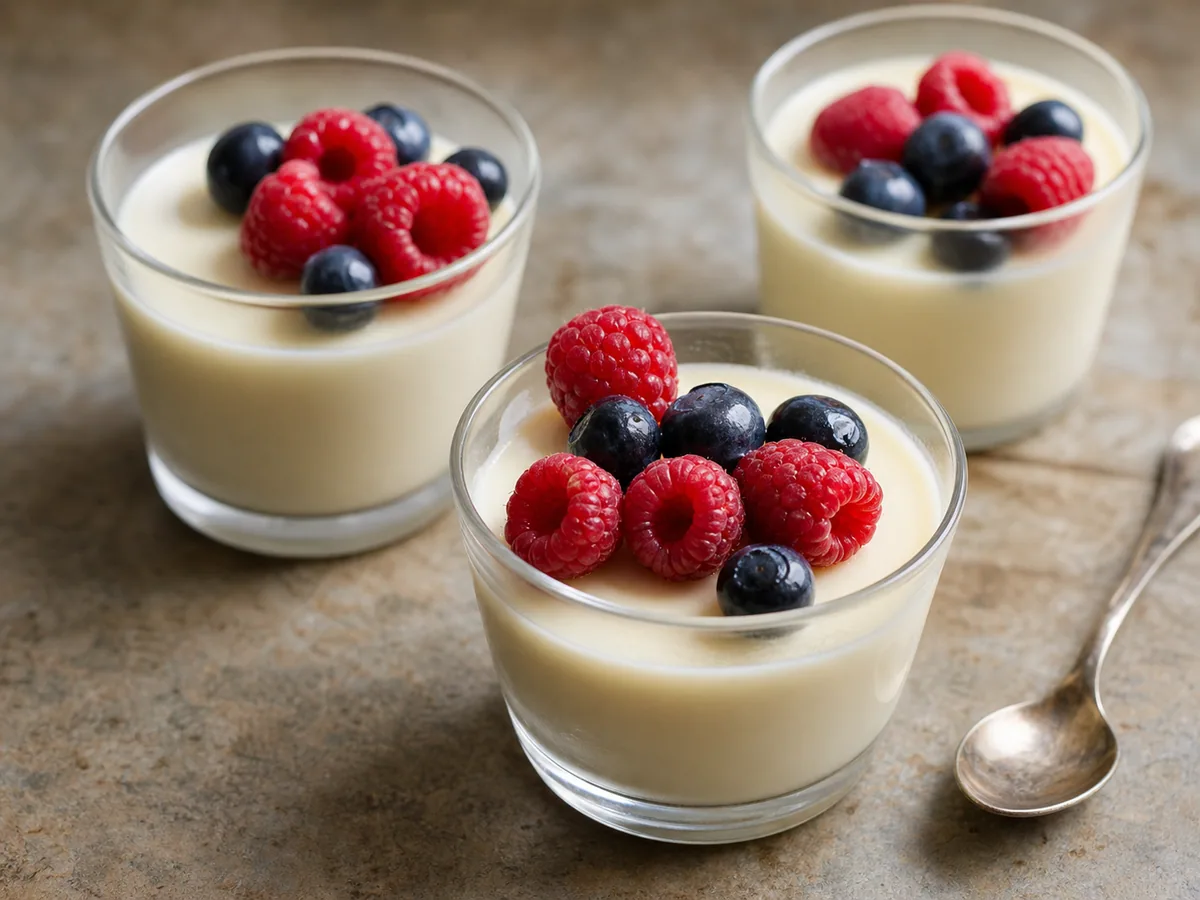 Posset británico de limón cubierto con fresas, frambuesas y arándanos