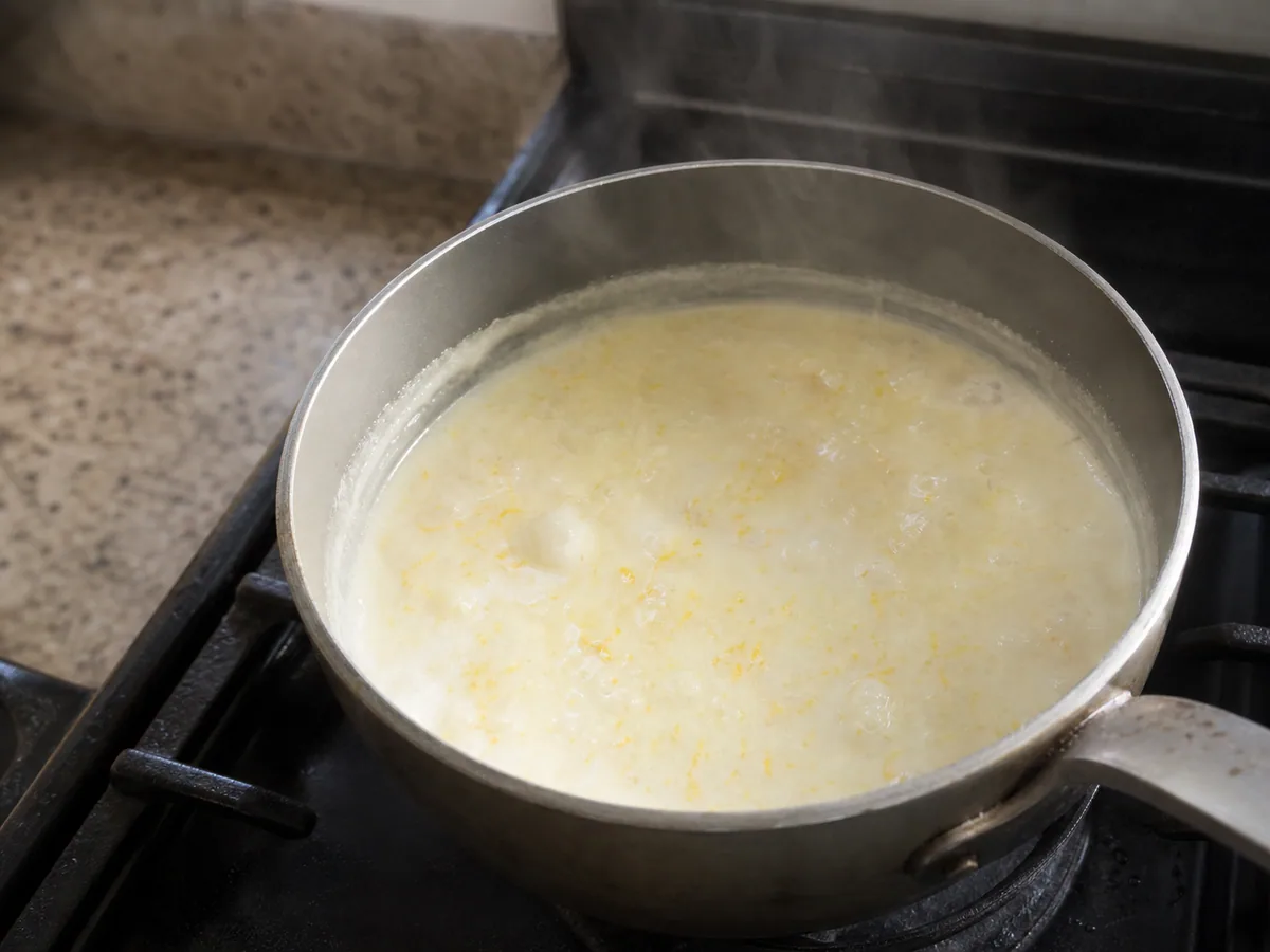 British lemon posset cream mixture at a controlled boil in a heavy-based saucepan