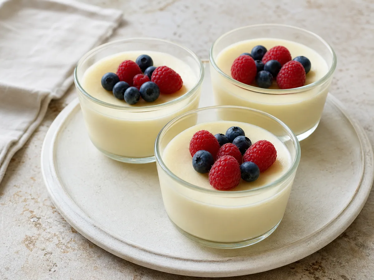 Softly set British lemon posset portions before the berries are added