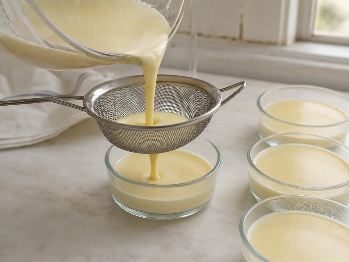 Lemon posset mixture passing through a fine-mesh sieve into a jug