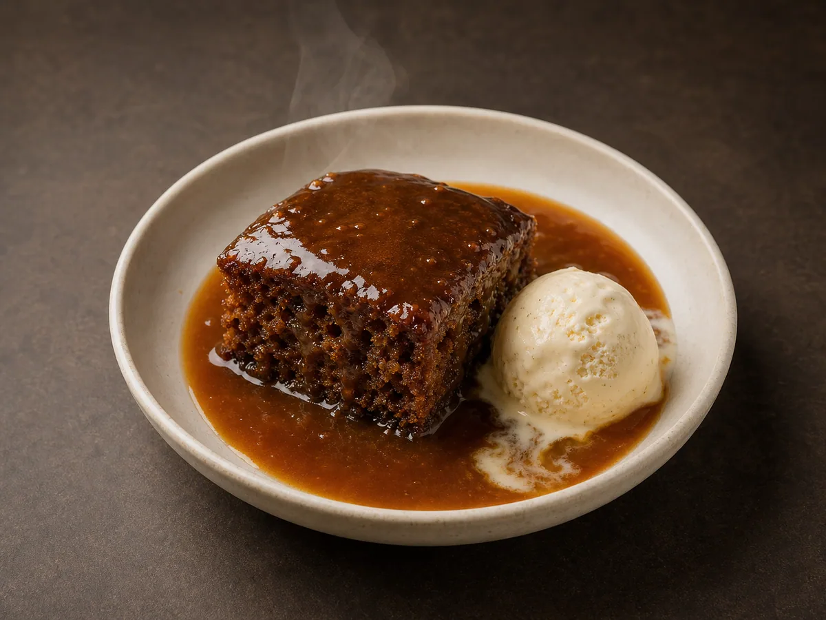Sticky toffee pudding covered with glossy toffee sauce and served with vanilla ice cream