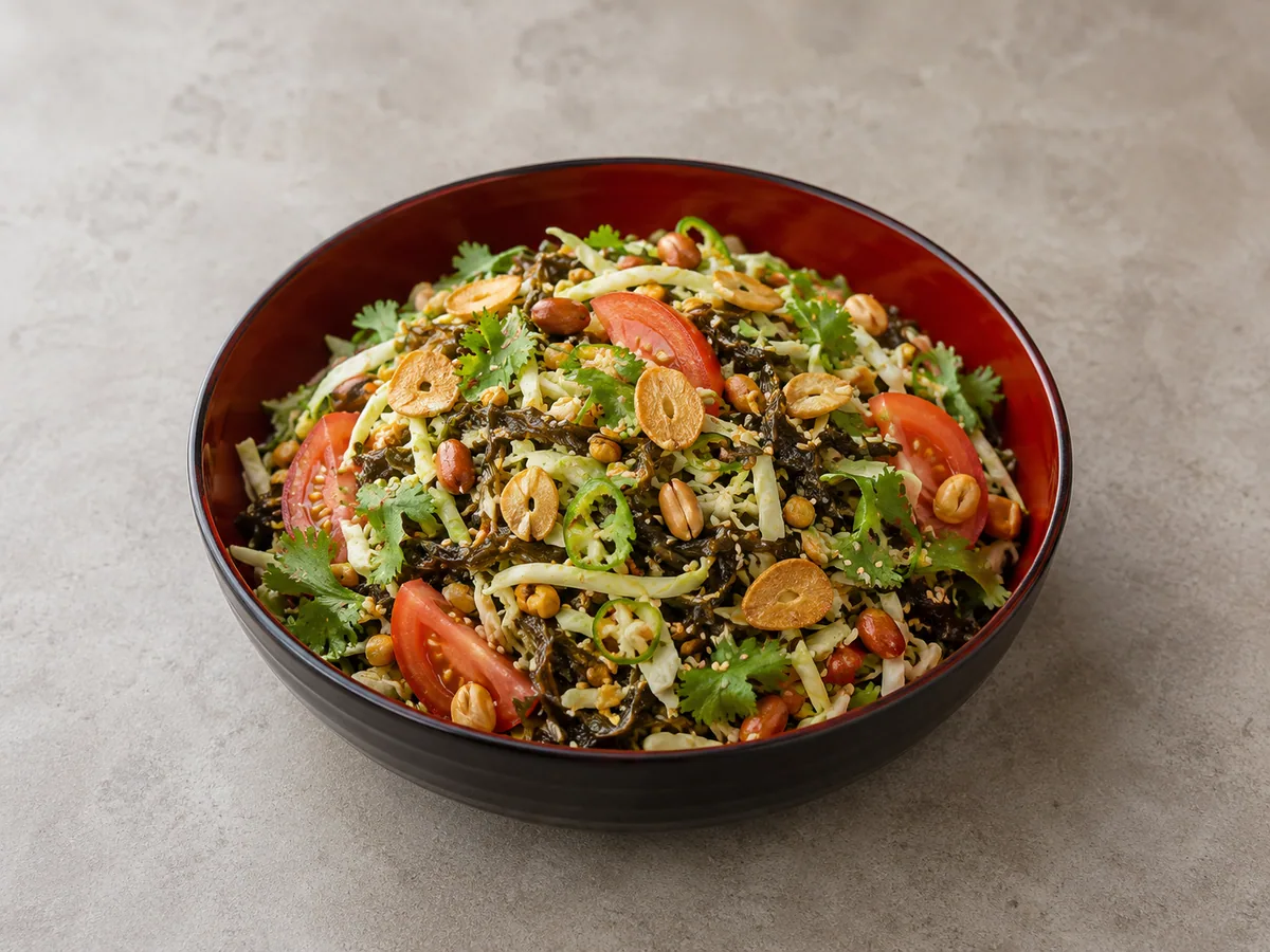 Tazón de ensalada birmana de hojas de té con repollo, tomates, cacahuates, sésamo, garbanzos partidos y ajo frito