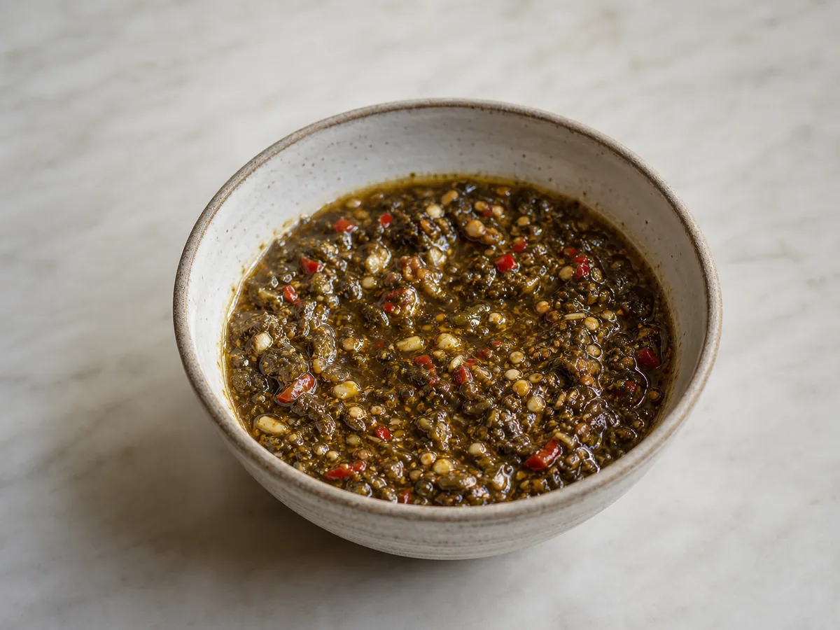 Aderezo espeso y brillante de hojas de té fermentadas mezclado en un tazón pequeño para la ensalada birmana de hojas de té