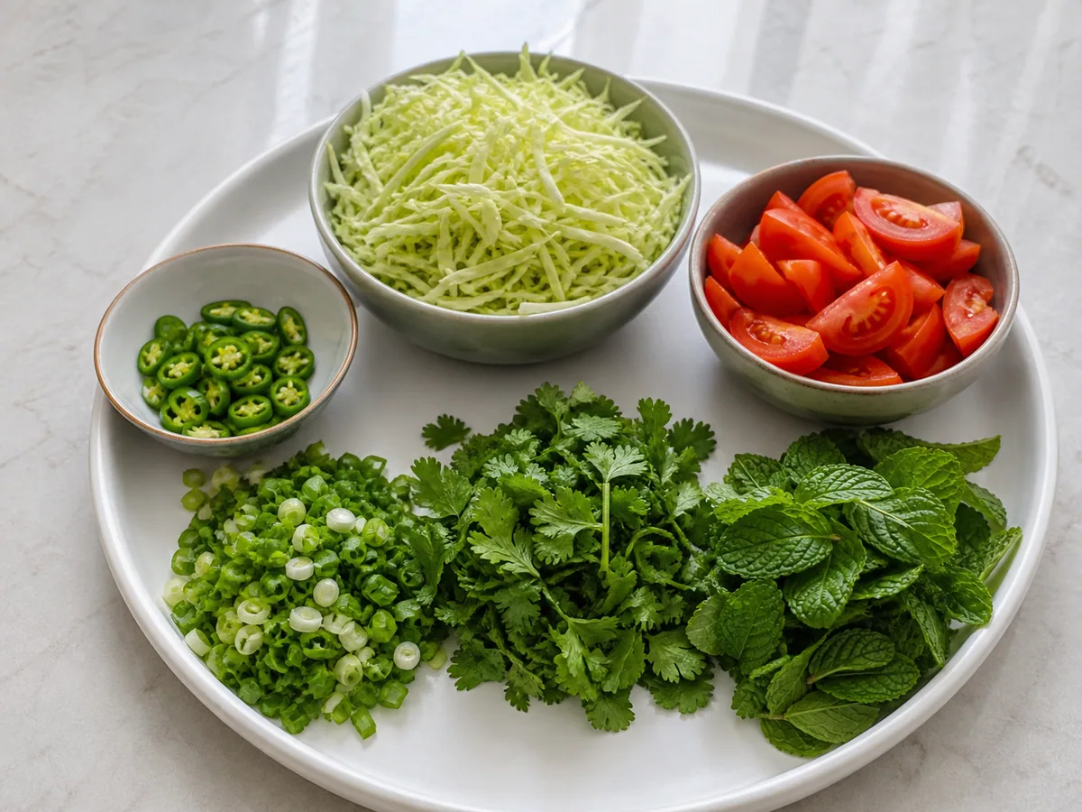 Repollo rallado, gajos de tomate, chile verde y cilantro preparados para la ensalada birmana de hojas de té