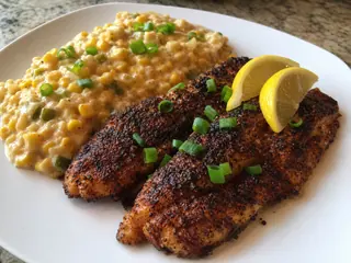 Filete de bagre ennegrecido servido con maque choux cremoso de maíz, limón y cebollines
