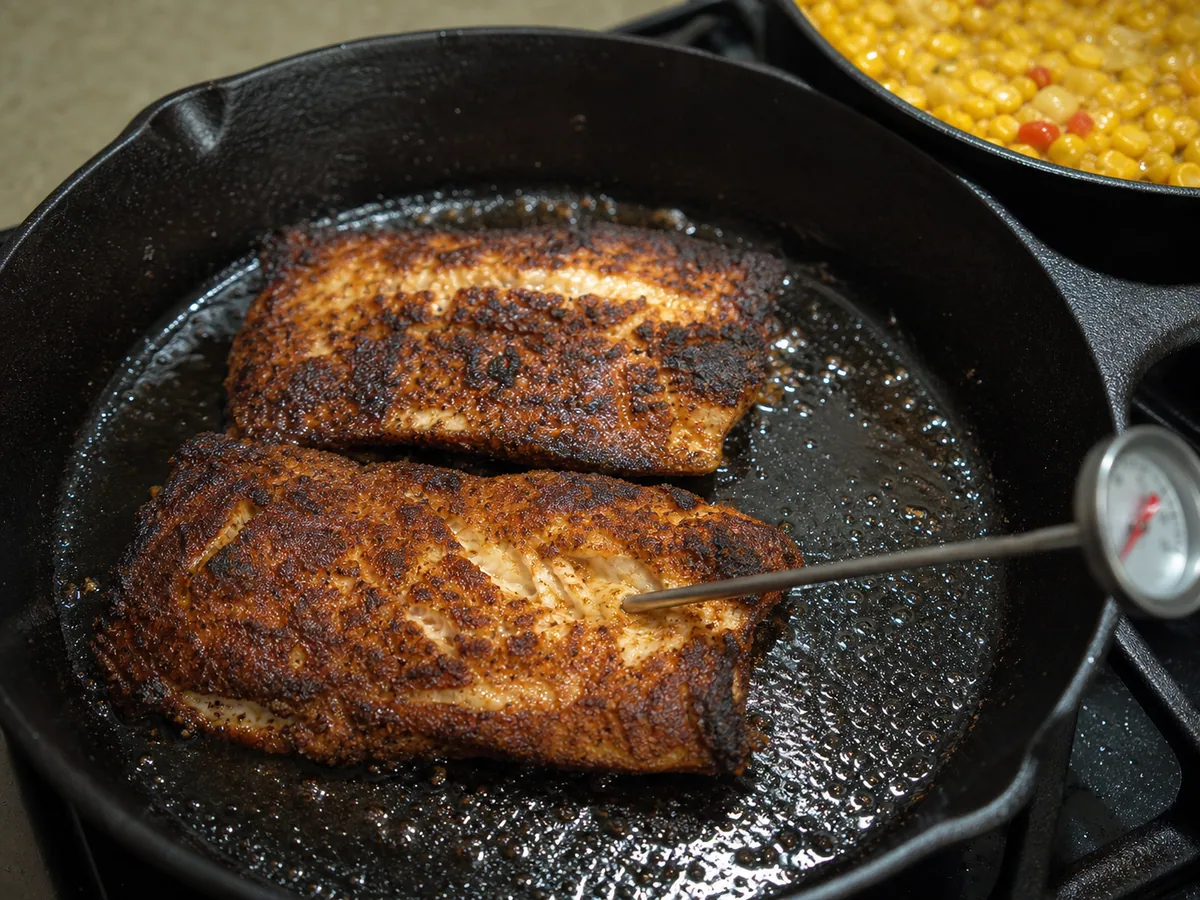 Fully cooked blackened catfish fillets with a dark mahogany spice crust in a cast-iron skillet