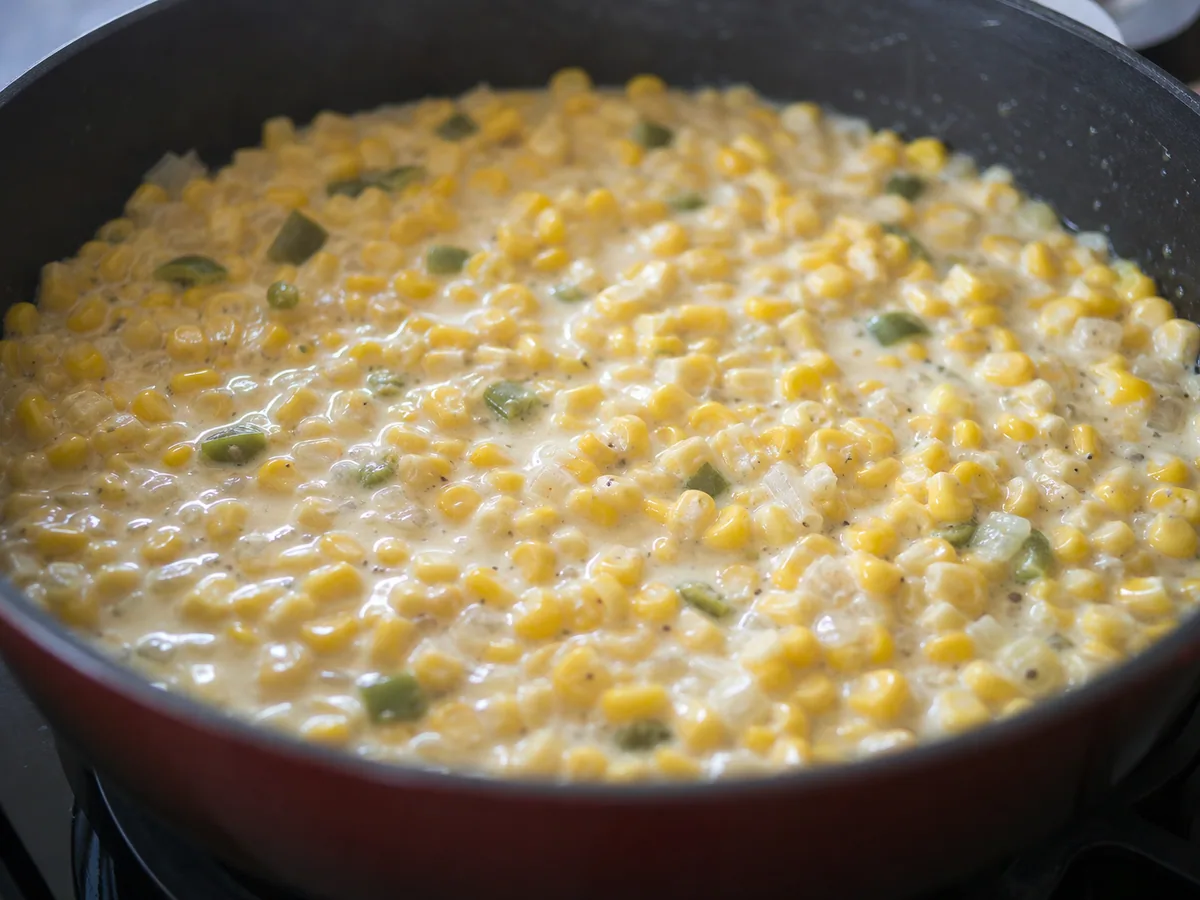 Creamy corn maque choux thickened around tender corn, peppers, tomato, celery, and sliced green onions in a skillet