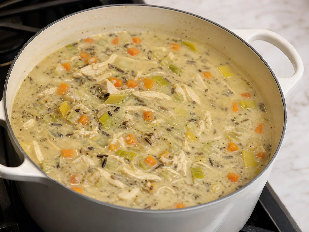 Finished creamy chicken and wild rice soup at a lightly thickened, spoonable consistency in the pot