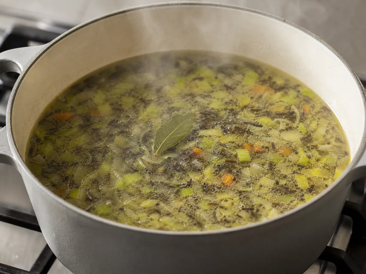 Wild rice beginning to split in the gently simmering leek and vegetable broth