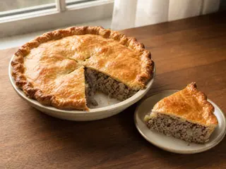 Golden Canadian tourtière with a cut slice showing the pork and beef filling