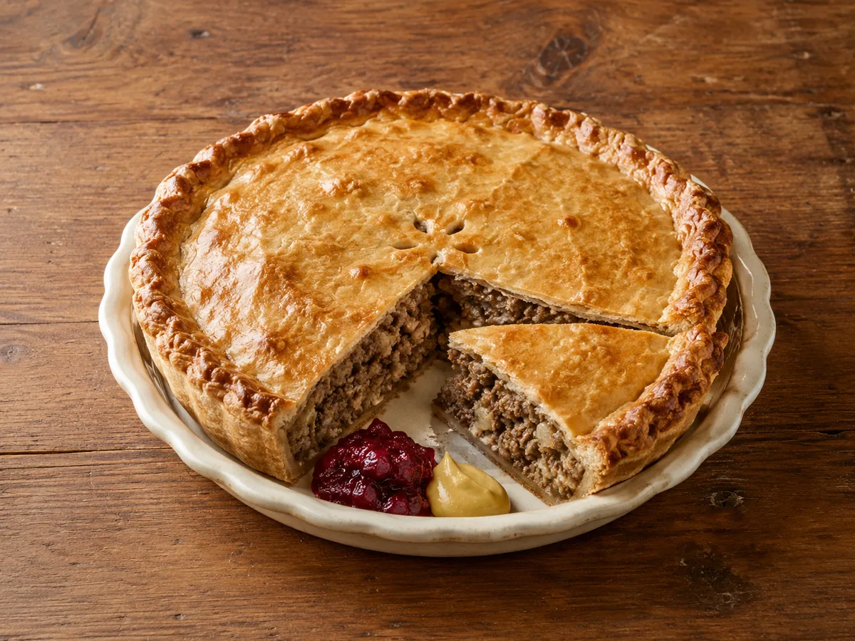 Golden Canadian tourtière with a cut slice showing the pork and beef filling