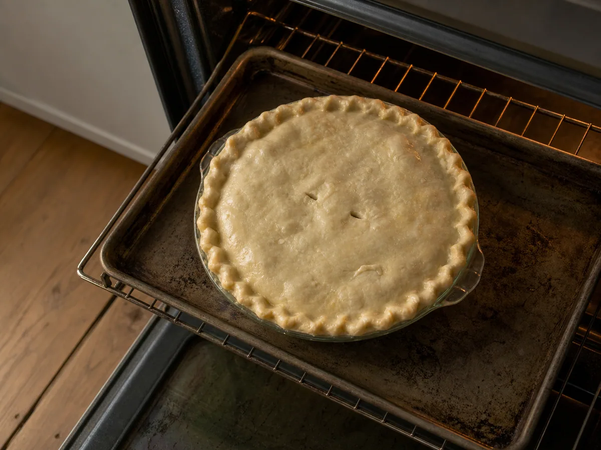 Tourtière canadiense sin hornear que empieza a hornearse a temperatura alta