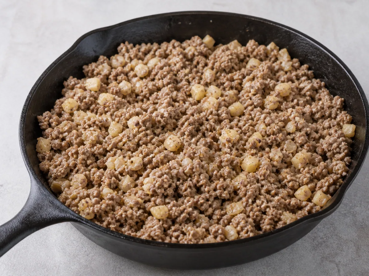 Relleno espeso y uniforme de tourtière canadiense, sin líquido acumulado