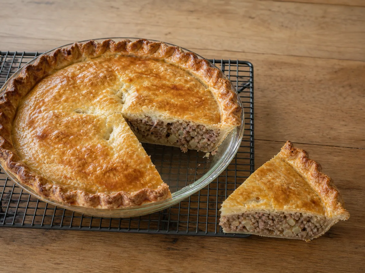 Tourtière canadiense reposada, con una rebanada que muestra el relleno de cerdo, res, papa y cebolla
