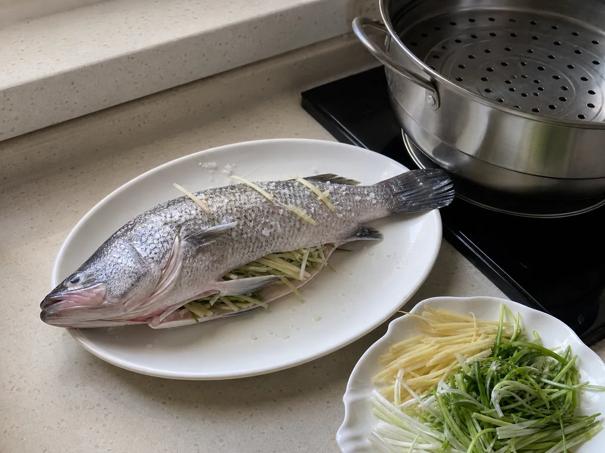 Finely shredded ginger and scallions divided for steaming and finishing beside mixed soy seasoning