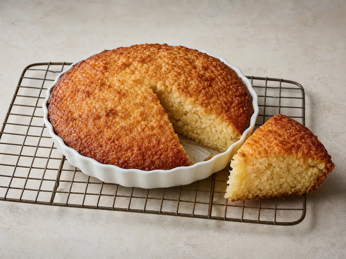 Pan de coco caribeño tibio sobre una rejilla, con un gajo que muestra su miga suave