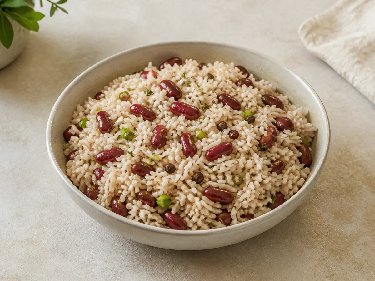 Bowl of coconut rice and red kidney beans with visible herbs