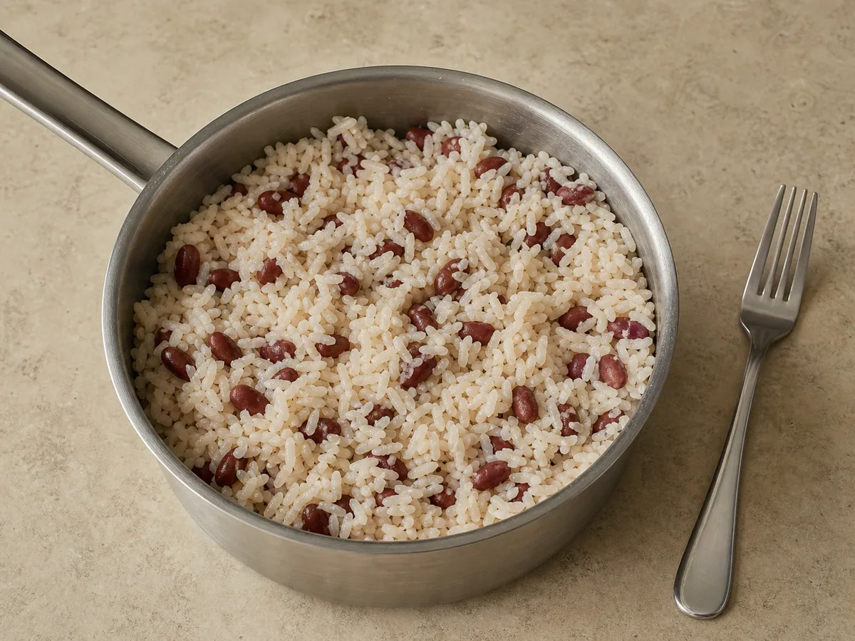 Arroz de coco caribenho com feijão soltinho na panela depois de retirar os temperos inteiros