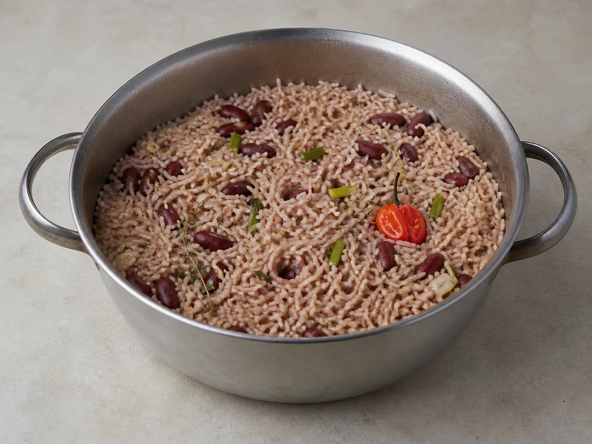 Arroz de coco caribenho com feijão depois de cozinhar no vapor, com líquido absorvido e pequenos furos de vapor