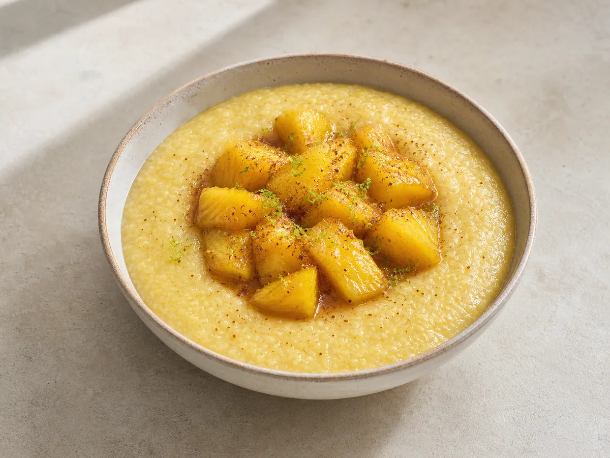 Tazón de gachas cremosas de harina de maíz cubiertas con piña al jengibre y limón