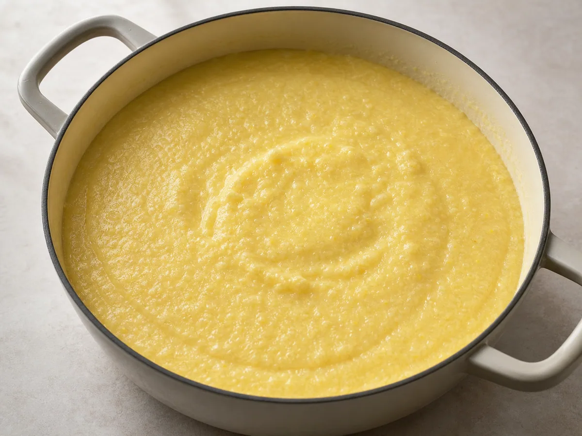 Mingau de fubá cremoso e brilhante, já liso, em panela de fundo grosso