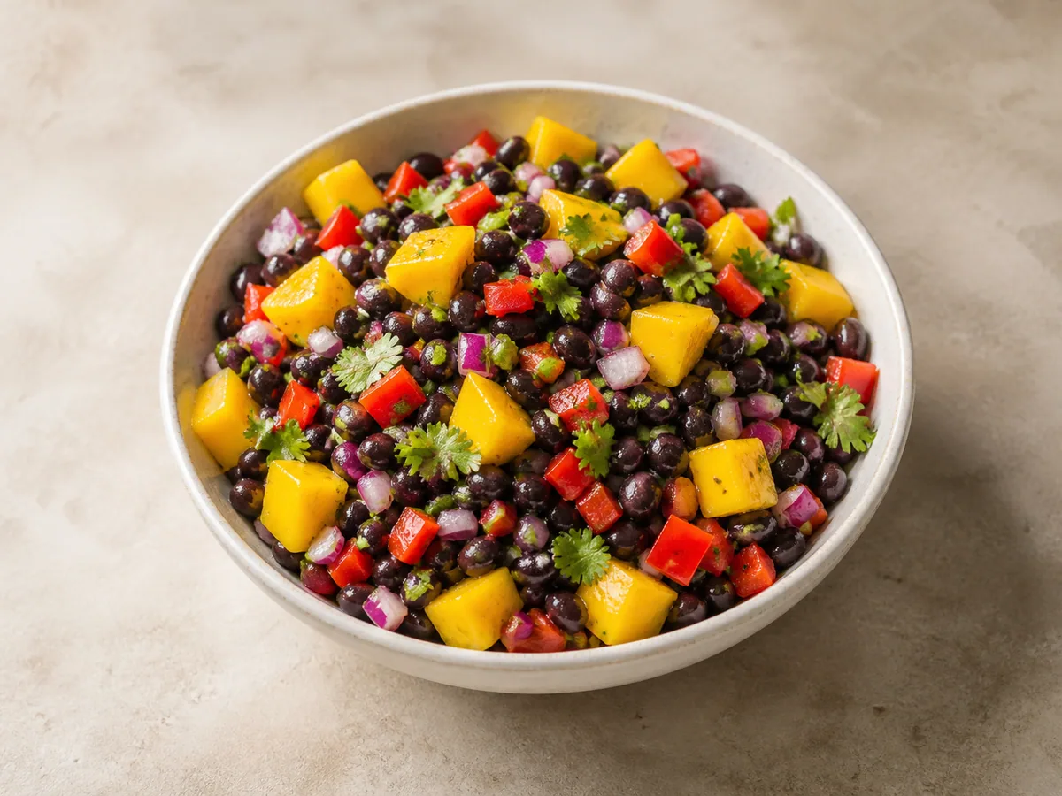 Tazón de ensalada caribeña de mango y frijoles negros con pimiento rojo y cilantro