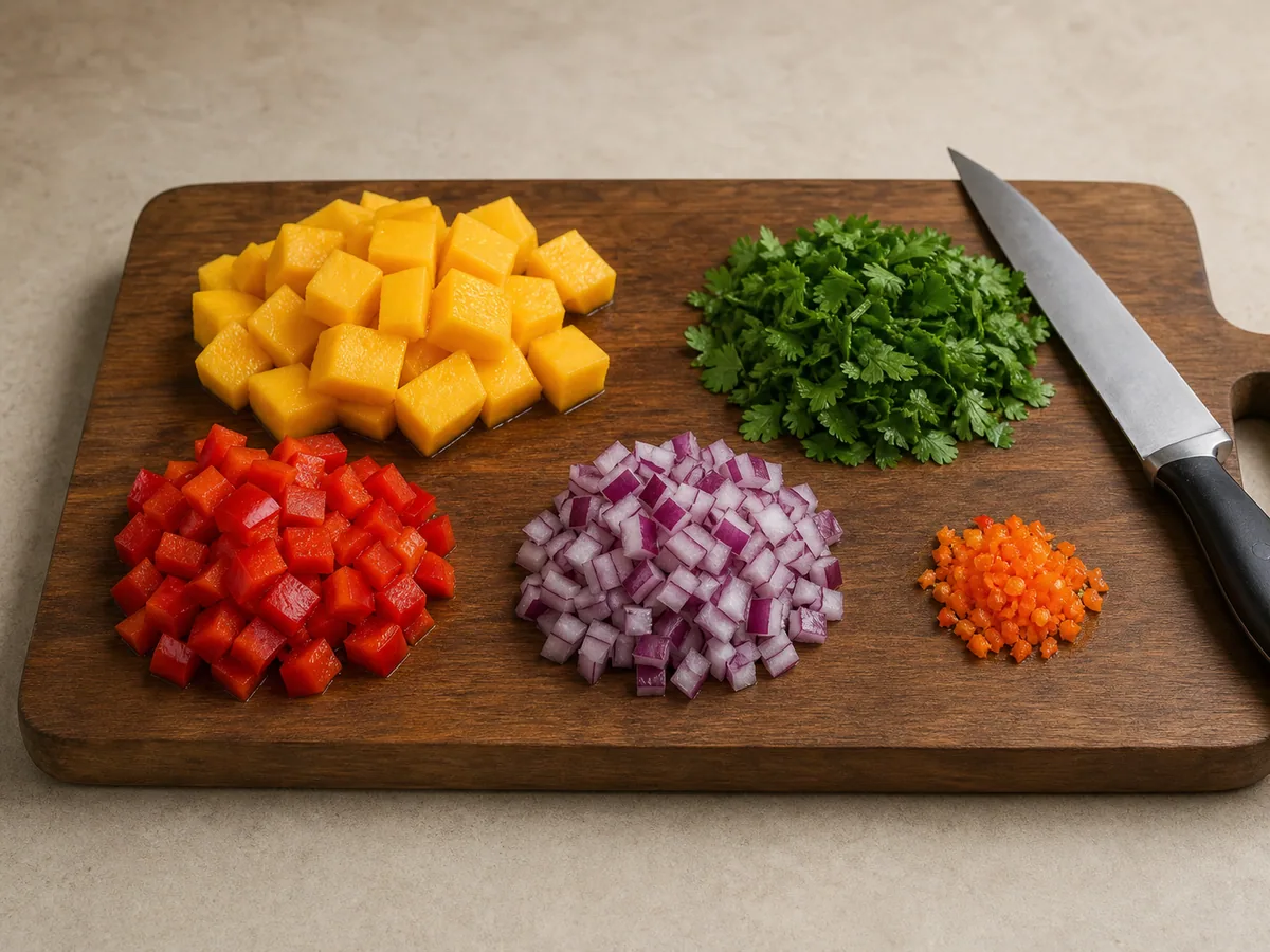 Mango, verduras, hierbas y Scotch bonnet picado, todo por separado