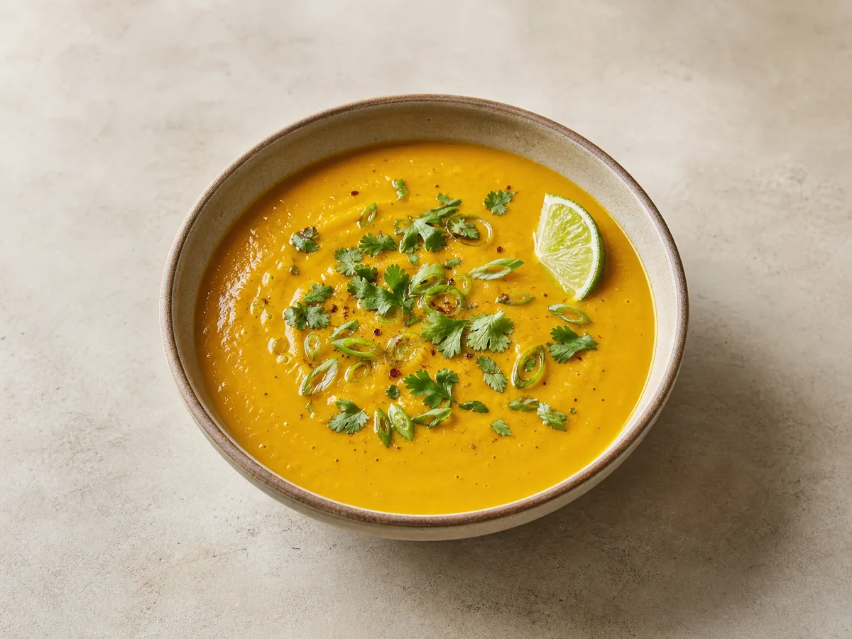 Tigela de sopa caribenha de abóbora e coco coberta com cebolinha e coentro